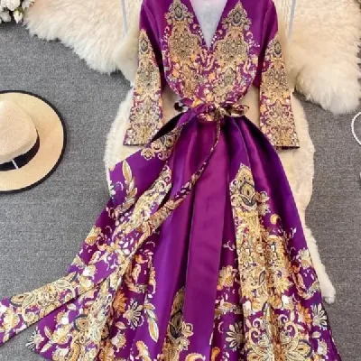 PUFF SLEEVE LACE-UP LONG DRESS